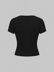 ROMWE J-Fashion Y2K Kpop风格时尚女式短款T恤，迷彩印花，饰有水钻美国国旗和英文文字图案 - 黑色 - 查看 3