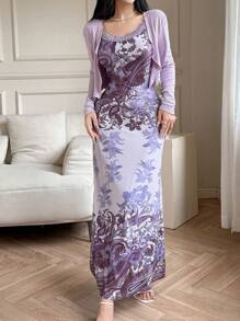 Feyla 2件套蕾丝印花修身防晒套装 - 紫色 - 查看 2