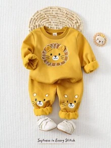 Cozy Pixies 2pcs Baby Boy Cartoon Lion Pattern Soft Knit Pullover Sweatshirt Sweatshirt With Ear Design And Elastic Waist Pants Set - Yellow - View 3