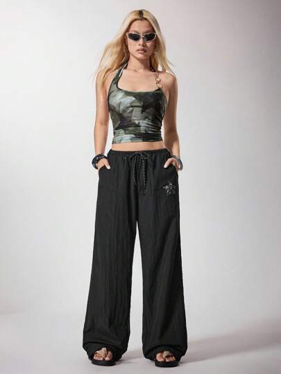 Boheris Umamao Estudio Black, Lightweight, Sporty, Star Graphic, Streetwear Style, Women's Casual Loose Pants, Suitable For Summer, Music Festival, Rave For Women Pants And Top Women's Summer Pants