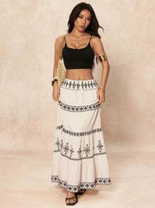 SHEIN PETITE Chân váy Maxi Boho dành cho nữ: Vải dệt, nhiều lớp và họa tiết nhiều màu - Phong cách sang trọng, bồng bềnh cho mùa hè - trắng - Xem 5