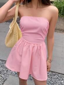 INAWLY 1pc Women Solid Color Ruched Hem Mini Dress With Frill Hem - Pink - View 5