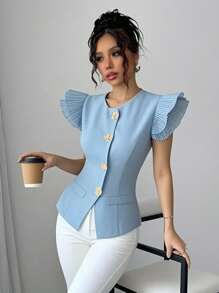 Chiquease Women's High-End Elegant Layered Black Waistcoat With Sleeve Tuck Ruffle Details Clothes For University - Baby Blue - View 1