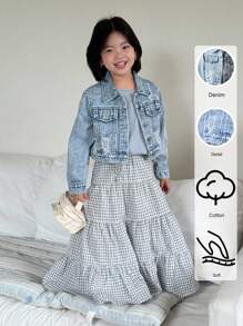 Girls Casual Distressed Denim Bomber Jacket, Soft Washed Lightweight Chic Streetwear For Summer - Medium Wash - View 1