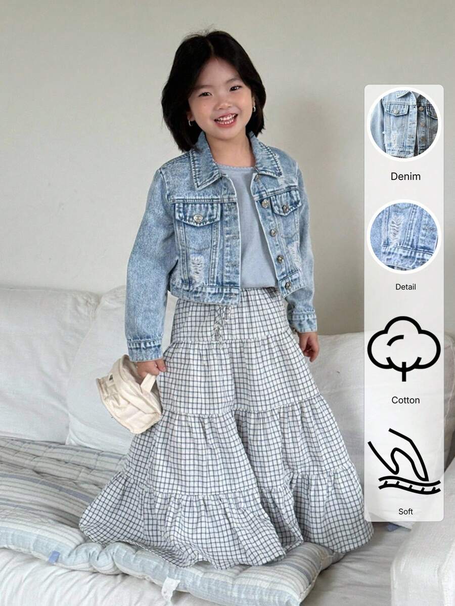 Girls Casual Distressed Denim Bomber Jacket, Soft Washed Lightweight Chic Streetwear For Summer - Medium Wash - View 1