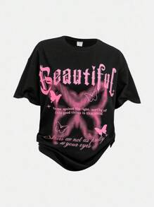 Girlism Teen Girls Streetwear T-Shirt And Sweatpants Co-Ord Set With Letter Print Style Y2k Outfits Y2k Tween Outfit Girl Outfit Set Butterfly Graphic Tee Outfit Black And Pink Outfit