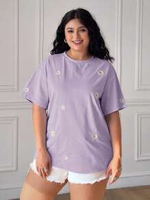 Solflare Plus Size Beach Vacation,Casual Daisy Embroidered Short Sleeve T-Shirt,Summer Spring Tops - Purple - View 3