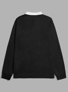 Manfinity VCAY Men Letter Graphic Contrast Collar Long Sleeve Quarter Button Color Block Going Out Casual Polo Shirt - Black - View 2