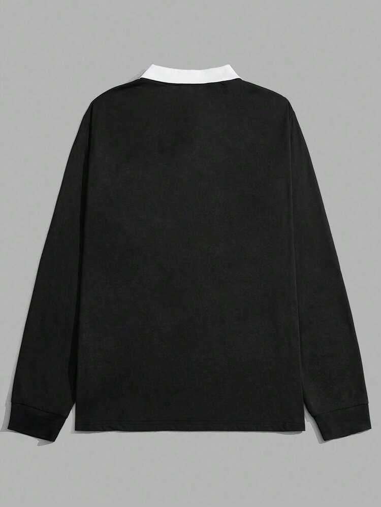 Men Letter Graphic Contrast Collar Long Sleeve Quarter Button Color Block Going Out Casual Polo Shirt