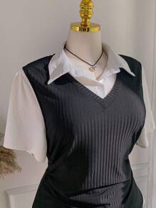 SHEIN EZwear 大码女式时尚收腰二合一短袖衬衫 - 黑與白 - 查看 6