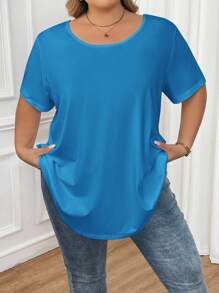 SHEIN CURVE+ Curve 大码/秋装/秋季女装/女士冬装/冬装大码纯色圆领休闲短袖 T 恤，夏季 - 藍色 - 查看 5