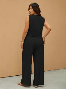 Elaquor 大码夏季通勤V领背心和直筒裤套装