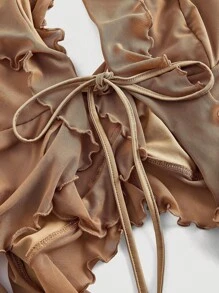 SHEIN MOD Áo thun nữ cổ yếm phối ren hoa 3D và viền bèo nhún màu kaki lãng mạn mùa hè Áo thun nữ mùa hè Áo thun nữ gợi cảm cổ yếm - Màu Khaki - Xem 3