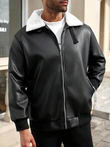 Manfinity Homme 男士加大码PU皮双层长袖休闲夹克，秋冬季保暖内衬夹克 - 黑色 - 查看 5