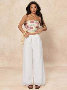 SHEIN PETITE Women Casual Eyelet Embroidery Cropped Pants, Suitable For Vacation And Outdoor, Spring/Summer Boho Chic Rave European Summer - White - View 4