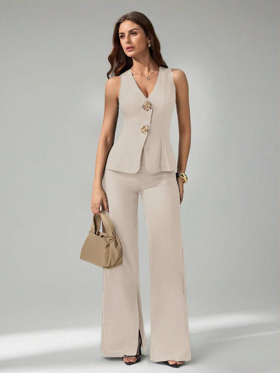 SHEIN Tall 2件套女式无袖开衫背心和休闲裤套装 - 米色 - 查看 1