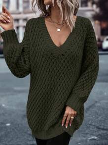 SHEIN LUNE 女士纯色落肩长袖宽松休闲度假套头衫针织套头衫秋冬 - 綠色 - 查看 5