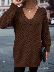 SHEIN LUNE Women's Casual Vacation Plain V-Neck Drop Shoulder Loose Pullover Sweater Knit Pullover Fall Winter - Brown - View 6