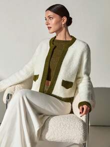 CLARA VERO Women Contrast Trim Cardigan With Flap Detail Knit Sets Sweater Set Coords Sets Women Two Tone Cardigan Casual Chic Vintage Light Pink Long Sleeve V-Neck Solid Color Knit Pullover Sweater, Minimal Elegant Cozy Winter Modest Top For Women Fuzzy Knit Set Two Piece Knit Set,Cardigans,Petite,Tall - White - View 5