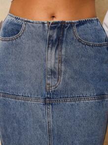 COSMINA 2000 年代女士休闲日常水洗牛仔鱼尾 A 字裙长款牛仔裙，夏季/秋季女装 - 深色水洗藍 - 查看 5