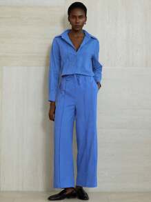 Aveloria Modichic 两件套：复古风高腰褶饰亚麻休闲裤 - 藍色 - 查看 4