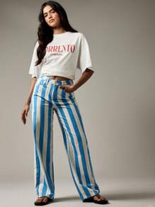 印花条纹直筒高腰牛仔裤 - 彩色 - 查看 5