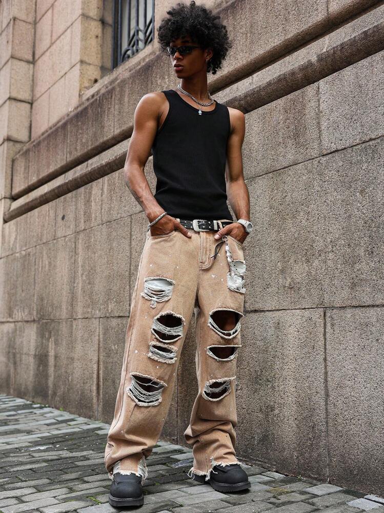 PAVTROS Jeans casuales de tela vaquera holgados y desgastados para hombres, sin incluir cinturón ni cadena - Café integral - Añade 6