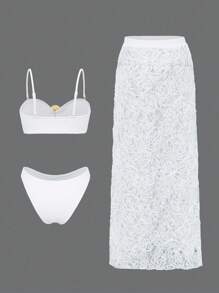 Swim Oasis 3 peças/Conjunto Mulheres Verão Praia Casamento Cropped Branco com Detalhe Dourado, Calcinha de Maiô Bikini Triângulo e Saia Longa, Traje de Banho de Luxo - Branco - Visão 6