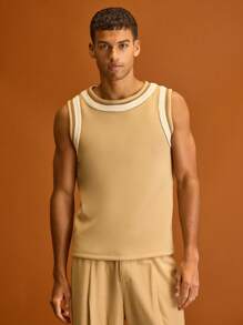 Musero Men Crew Neck Trim Detailing Tank Top Spring Summer Holiday Vacation - Khaki - View 1