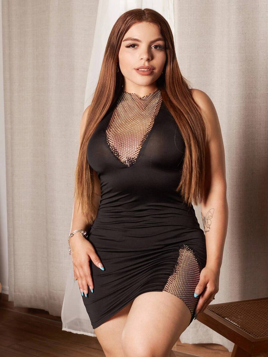 Lupita Cardoza Vestido De Malla Sin Mangas Con Aplicación De Red Adornada Con Diamantes De Imitación - Negro - Ver 1