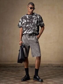 AKNOTIC Men's Grey Casual Loose Denim Shorts,Summer Streetwear City Break Metal Decor Elastic Waist Solid Color Shorts For Daily Wear,Holiday,Beachwear - Grey - View 3