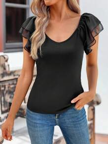 SHEIN LUNE Camiseta de manga corta y cuello redondo de mujer, negra, acanalada y de uso versátil para el verano - Negro - Ver 5