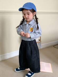 Hapijoa 女婴夏季宽松碎花牛仔裤，幼儿秋装 - 藍色 - 查看 5