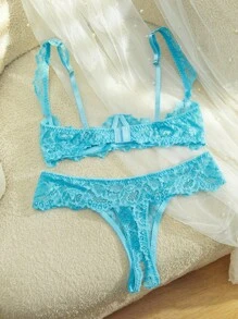 SpicyHot 2 件女士蕾丝透明钢圈性感内衣套装，蕾丝文胸和丁字裤套装，外出 - 薄荷綠 - 查看 5