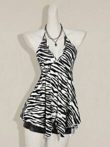 SHEIN ICON Women's Zebra Print Ruffled Hem Halter Neck Top Animal Print Swimwear, Y2k Tops - Black and White - View 5