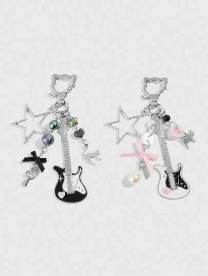 Grunge Punk 2pcs Y2K Style Music Festival Cat Guitar Key Chain, Suitable For Couples Or Friendship Gift