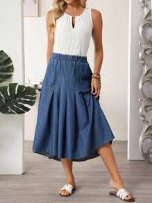 EMERY ROSE 女士休闲水洗褶皱牛仔迷你裙 - 藍色 - 查看 9