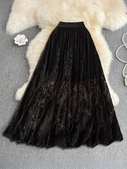 SHEIN LUNE Plus Size Women Casual Lace Music Festival Party Summer Outing Vintage Everyday Basic Black Skirt Fall Punk Gothic Going Out Teacher Halloween Skirt