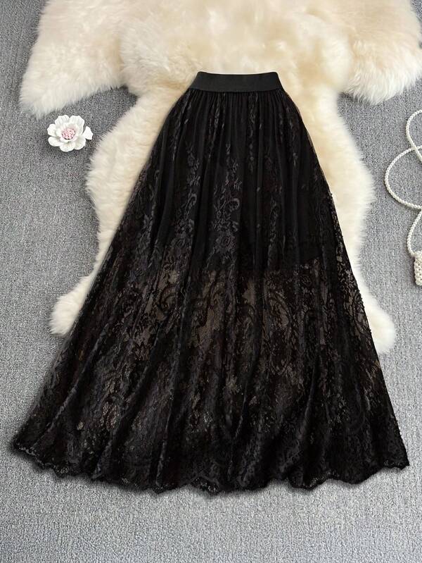 SHEIN LUNE Plus Size Women Casual Lace Music Festival Party Summer Outing Vintage Everyday Basic Black Skirt Fall Punk Gothic Going Out Teacher Halloween Skirt