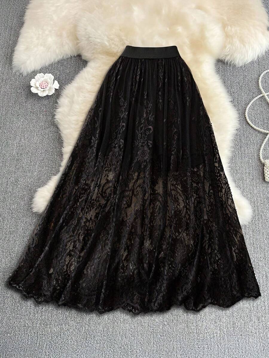 SHEIN LUNE 大码女式休闲蕾丝音乐节派对夏季郊游复古日常基本款黑色裙子秋季朋克哥特式外出教师万圣节裙子 - 黑色 - 查看 1