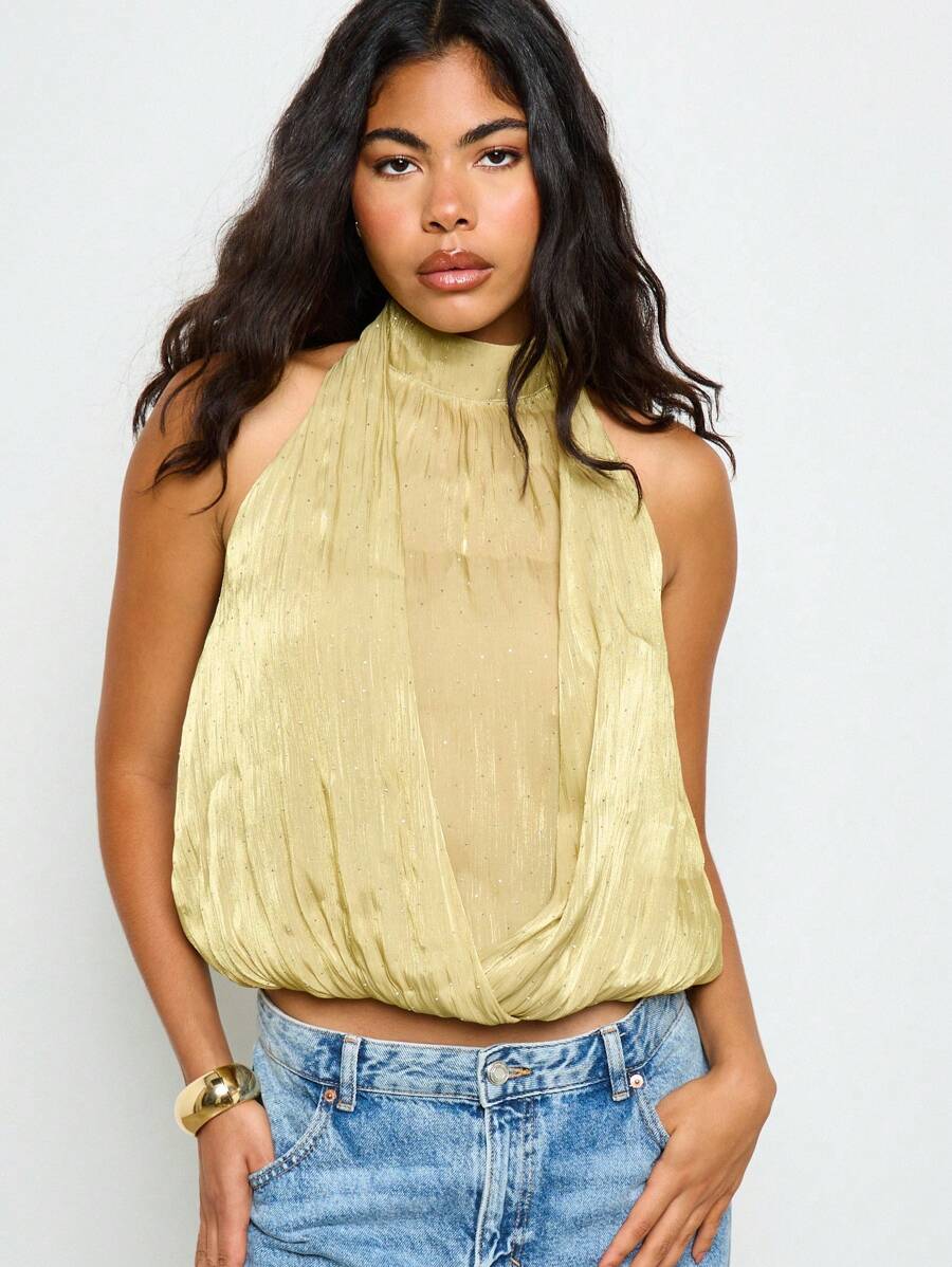 AiiRZ Áo crop top cổ yếm màu vàng ánh kim, dự tiệc tối, mặc trong các dịp lễ hội, mùa hè, áo cánh không tay có chi tiết xếp nếp cổ cao - màu xanh lá - Xem 1