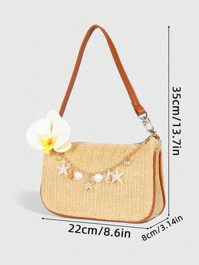 Fairycore 1 pieza Bolso de paja con elementos decorativos de estrella de elementos oceánicos de vacaciones tropicales, bolso de hombro con decoración de mariposa y flor