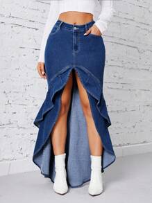 SHEIN BAE Ruffle Trim Denim Skirt - Light Wash - View 8