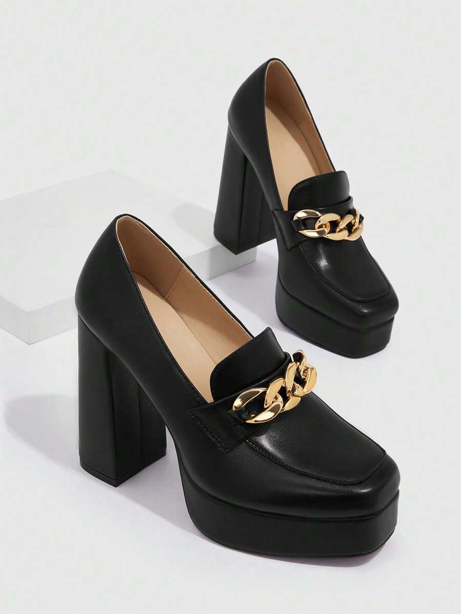 CUCCOO BIZCHIC 女士鞋履 新年款方头厚底粗跟黑色乐福鞋高跟鞋度假鞋夏季促销优雅基础款商务休闲商务时尚万圣节圣诞节秋季 - 黑色 - 查看 1