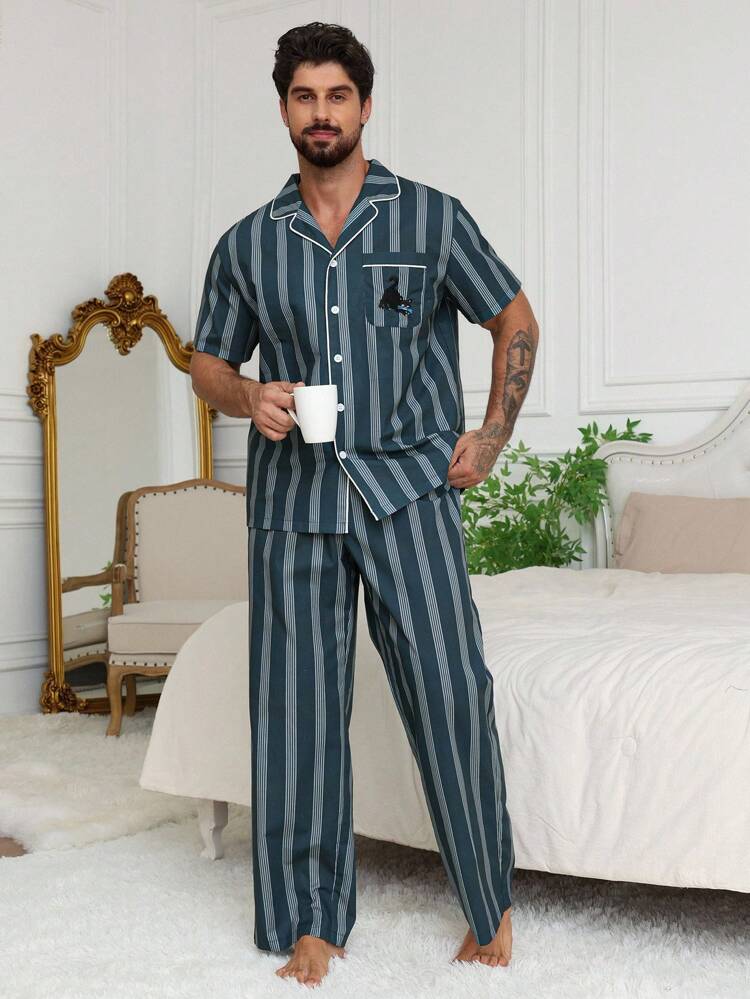 Striped Cartoon Embroidery Shirt + Pajama Set For Men, Spring/Summer Home Wear