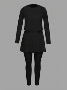 Swim Shayni 女式两件套纯色圆领长袖分层连衣裙，含全覆盖裤子，适合海滩度假穿着 - 黑色 - 查看 4