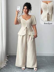 Elenzga Plus Size Fashionable Casual French Retro Elegant Commute Bowknot Puff Sleeve Blouse And Pants 2 Piece Set