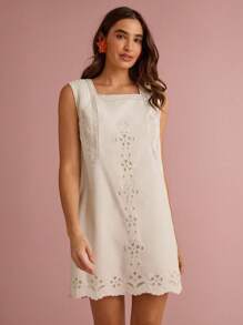 Enchnt Summer/Fall Romantic Women's White Linen Exquisite Floral Hollow Embroidered Lace Sleeveless Loose Mini Dress - White - View 1
