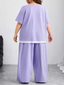 SHEIN CURVE+ Plus Size Women 2Pcs Set, Casual Loose Print Top And Wide Leg Pants Suit