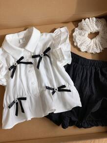 Set de 2 piezas con camisa informal de rayas tejida y falda corta de vuelo con estampado floral para niñas jóvenes - Blanco - Ver 8